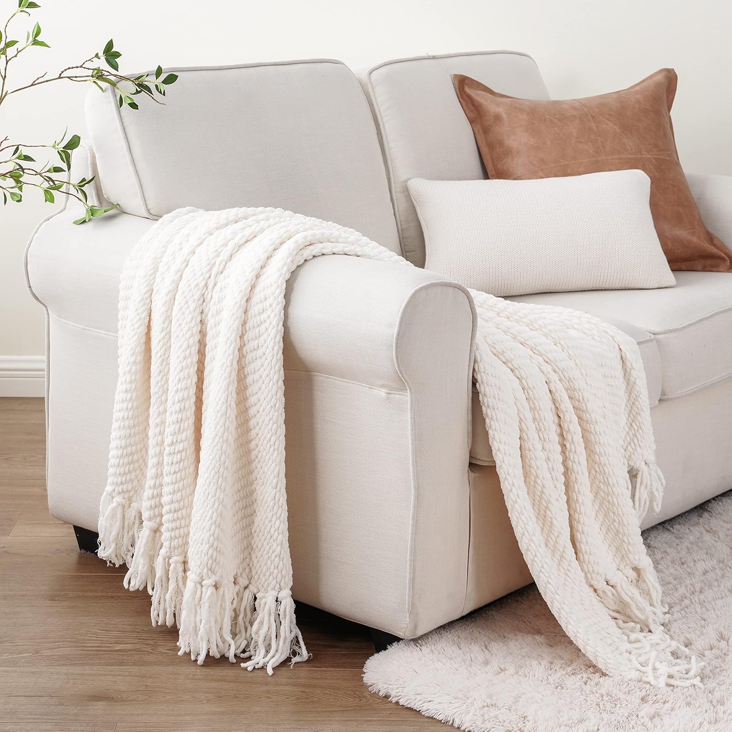 Cozy Knit Throw Blanket (Cream)